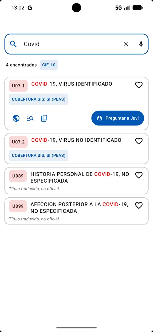Resultados de búsqueda de CIE-10 con una tarjeta abierta y sus acciones