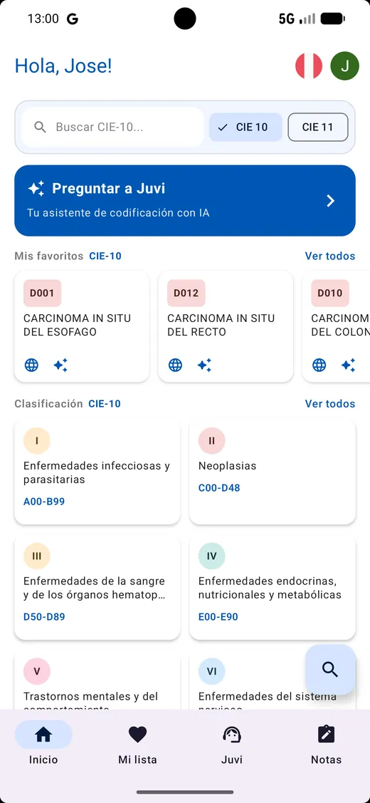 Pantalla de inicio de la app con búsqueda, Juvi (nuestra IA especialista), favoritos y capítulos de la CIE-10