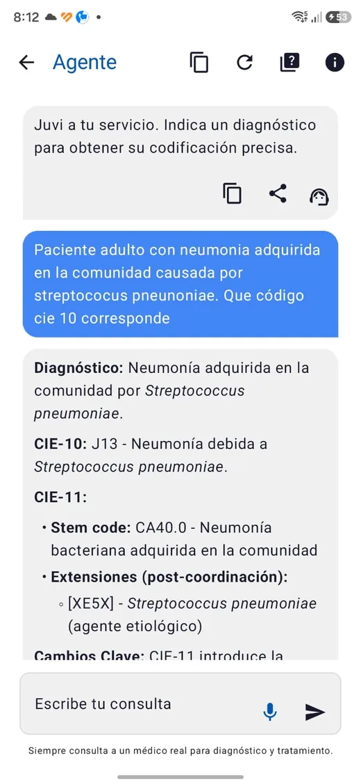 Juvi respondiendo con el código CIE-10 y su equivalente en CIE-11