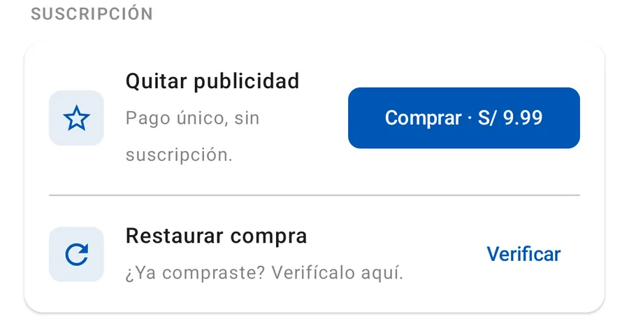Opción para quitar la publicidad con un pago único y restaurar la compra